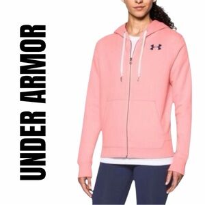 Under Armour Women’s Large Loose Fit Full Zip Hoodie Coral Pink Navy Blue Logo